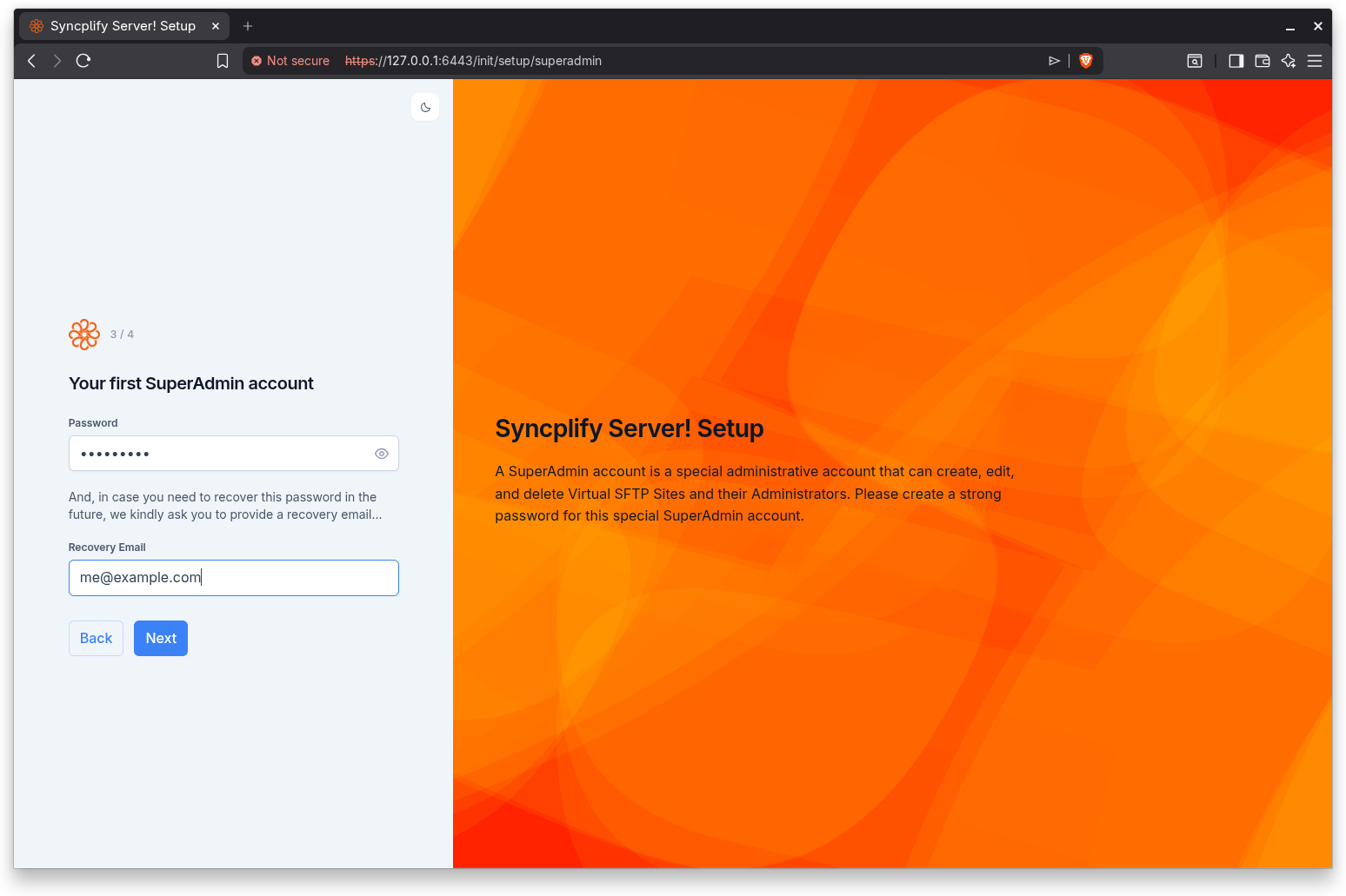 First SuperAdmin account step with password and recovery email fields
